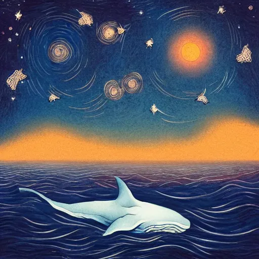 Image similar to portrait of whale swimming on a starry night sky, swimming across the universe, oniric, dreamy, beautiful, highly detailed, cinematic