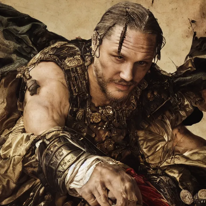 Prompt: professional photographic portrait of tom hardy as machiavel vanquished enemies strewn over the ground, renaissance style, fine art piece, incredible detail, vray rendering, high octane,