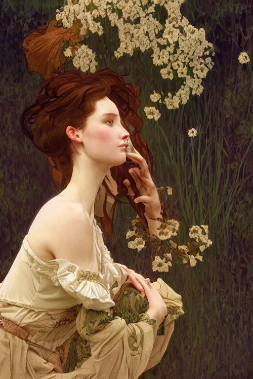 Image similar to beautiful natural coy cottagecore peasant maiden life drawing, intricate, elegant, highly detailed, digital painting, artstation, concept art, smooth, sharp focus, illustration, art alphonse mucha and james gurney and wlop