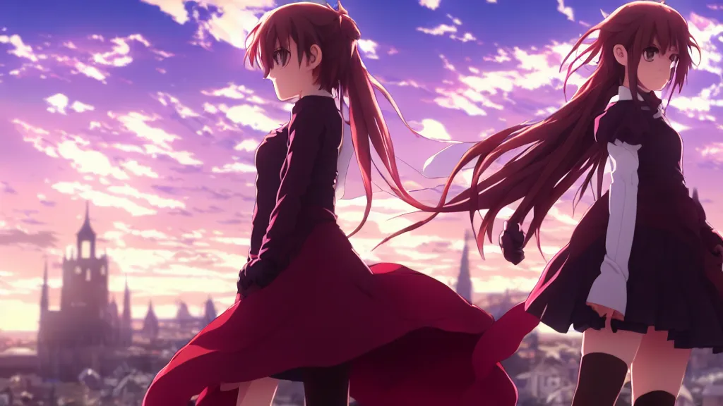Image similar to emma watson, heavens feel movie, demon slayer, ufotable, kyoani, high quality, artstation, key visual, cinematic, city background, night time, rooftop, fate stay night, unlimited blade works, greg rutkowski, high resolution, dynamic pose, extreme close up, rin outfit, anime, high angle, high budget