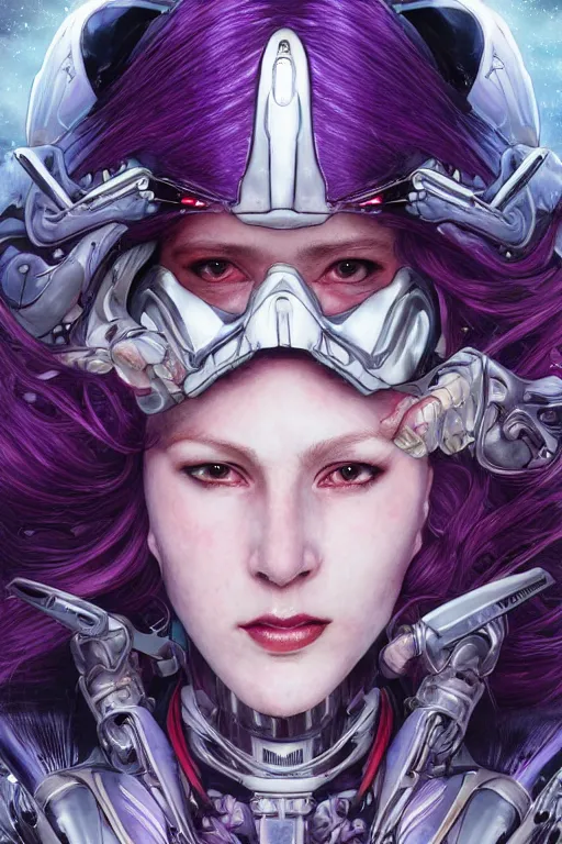 Image similar to extreme close up facial portrait, pale woman with red hair in sci - fi armor with purple accents, bionic armor, stoic, powerful, by artgerm and yoshitaka amano and moebius and alphonse mucha, hyperdetailed, dc comics, ornate, nebula, explosions in the sky, trending on artstation