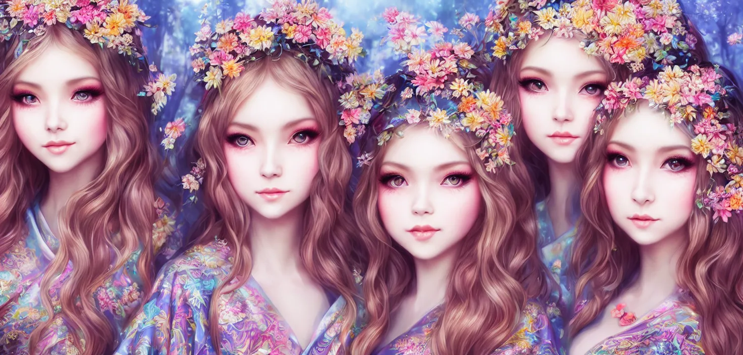 Image similar to two beautiful fashion siberian girls wear fantasy kimono in festival | | big eyes, sunny, dreamlike art, realistic shaded, smile, good looking, hyper details, 4 k realistic, cryengine, realistic shaded lighting poster by artgerm, ross tran, fuji choko, loish, 8 k resolution, trending on artstation, luxury