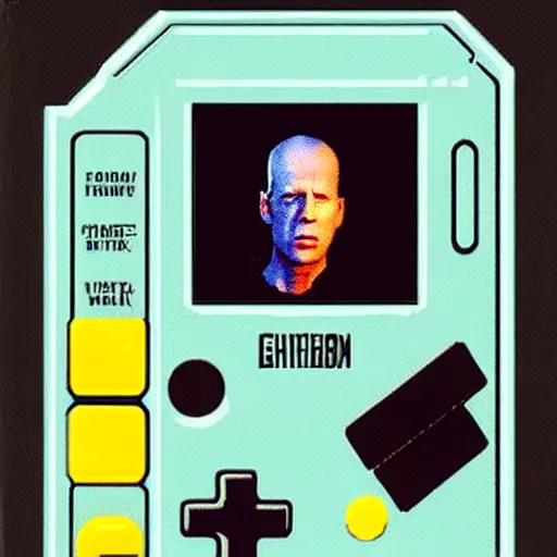 Prompt: the box for a Gameboy videogame that just loads a picture of Bruce Willis, no other gameplay features