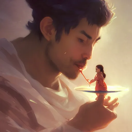 Image similar to A man drinking a cup of cosmic energy bright light, illustration by Ruan Jia and Mandy Jurgens and William-Adolphe Bouguereau, Artgerm, 4k, digital art, surreal, anime style, space dandy style, highly detailed, godsend, artstation, digital painting, concept art, smooth, sharp focus, illustration by Ruan Jia and Mandy Jurgens and William-Adolphe Bouguereau, Artgerm