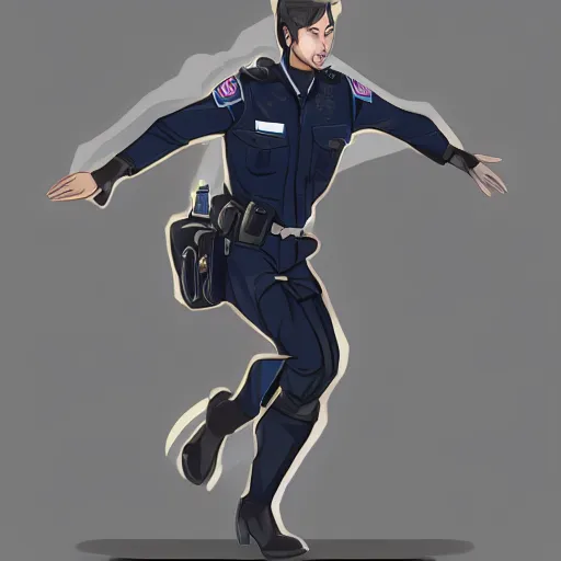 Prompt: https://cdna.artstation.com/p/assets/images/images/052/521/962/large/siying-zhao-siyingzhao-1.jpg, character design police man!!, man in dark blue full body suit, concept art character, very high angle view, one arm of the robot body, book cover, very attractive man with beard, walking in cyberpunk valley highly detailed full body, strong masculine features, sturdy body, command presence, police man!!, royalty, smooth, sharp focus, organic, appealing, deep shadows