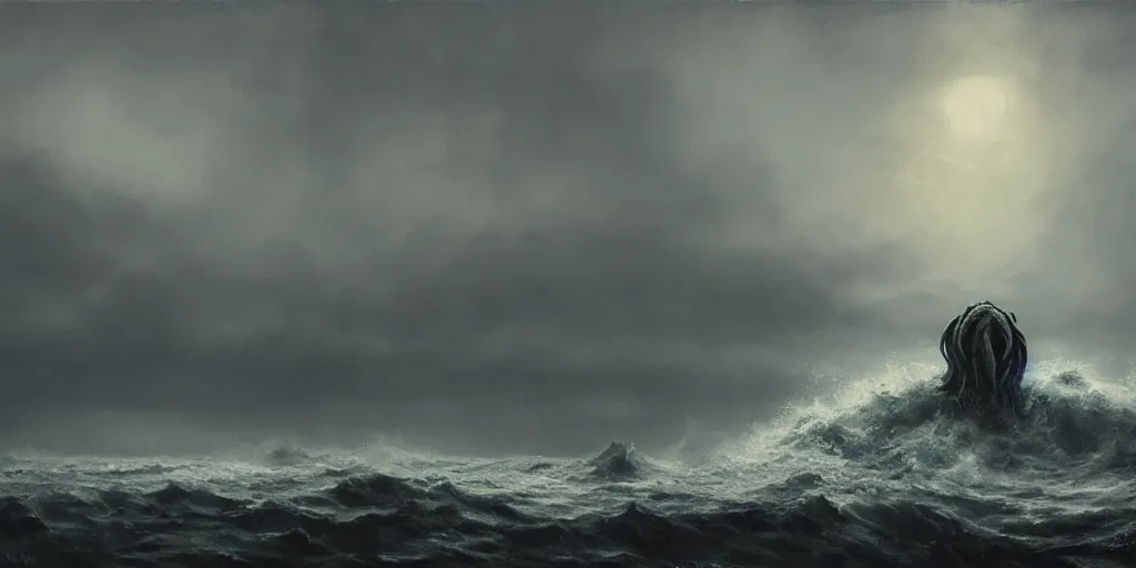 Image similar to cthulhu rising out of the ocean, hyper realistic oil painting, dark, moody cinematic lighting, creepy, fog, storm clouds, by greg rutkowski, trending on artstation