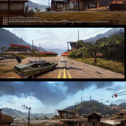 Image similar to highly detailed - on its side in gta v, in a empty town in colombia, stephen bliss, unreal engine, fantasy art by greg rutkowski, loish, rhads, ferdinand knab, makoto shinkai and lois van baarle, ilya kuvshinov, rossdraws, tom bagshaw, global illumination, detailed and intricate environment w 7 6 8