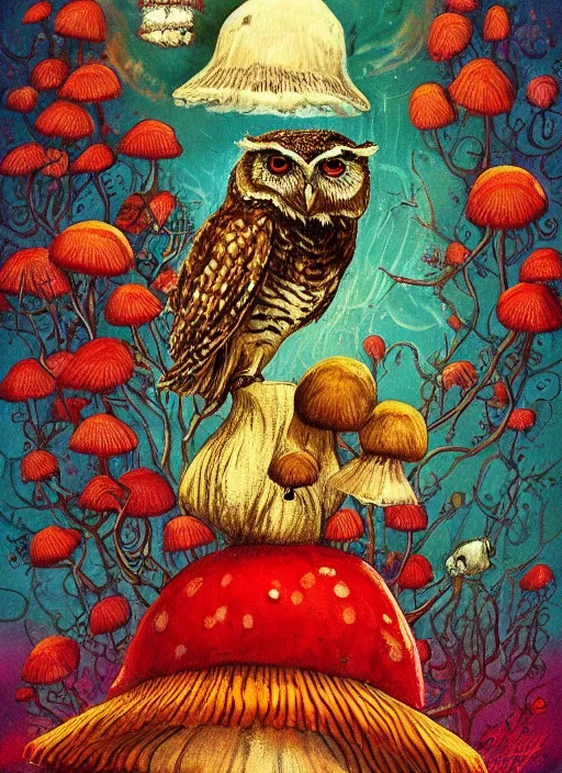 Prompt: a painting of an owl sitting on top of a mushroom, poster art by alexander jansson, behance contest winner, psychedelic art, behance hd, poster art, concert poster