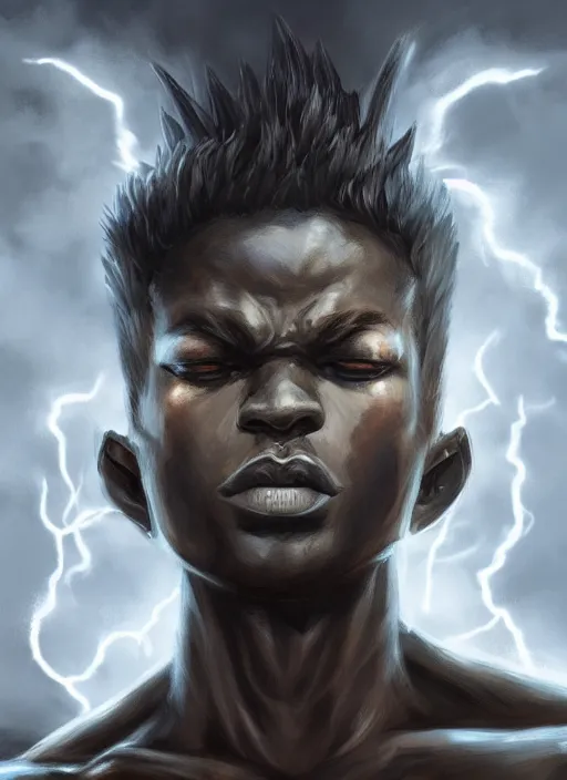 Image similar to a highly detailed illustration of short fade hair african god of lightning, evil summoning lightning from hands pose, moonlit clouds background, muscular, intricate, elegant, highly detailed, centered, digital painting, artstation, concept art, smooth, sharp focus, league of legends concept art, WLOP