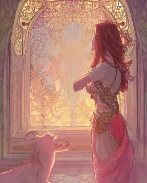 Image similar to secret romance, highly detailed, gold filigree, romantic storybook fantasy, soft cinematic lighting, award, disney concept art watercolor illustration by mandy jurgens and alphonse mucha and alena aenami, pastel color palette, featured on artstation