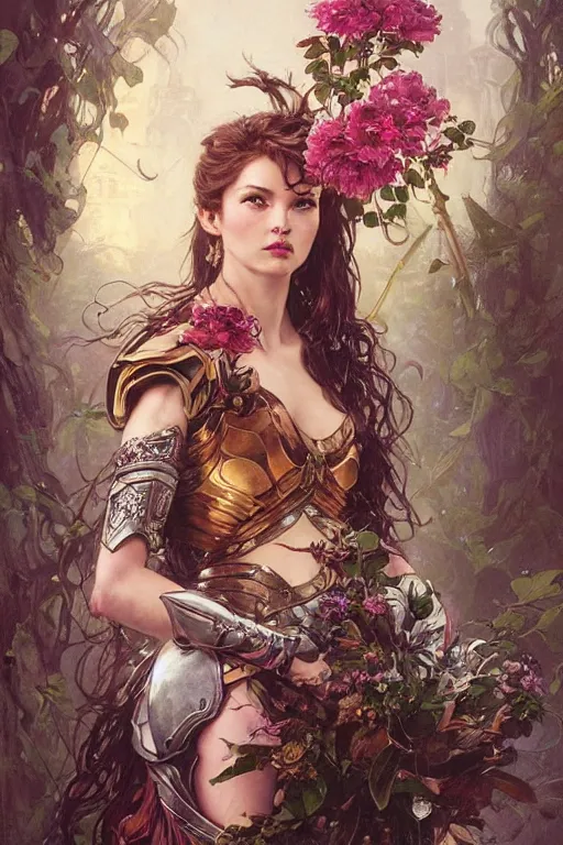 Prompt: portrait of a beautiful mysterious woman warrior wearing an armour costume, holding a bouquet of flowing flowers, hands hidden under the bouquet, fantasy, regal, intricate, by stanley artgerm lau, greg rutkowski, thomas kinkade, alphonse mucha, loish, norman rockwell