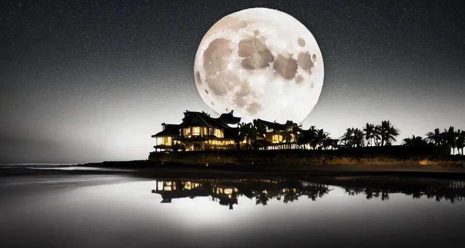 Prompt: picture of a moon gleaming over a mansion by the beach shore line, nighttime, black sky, water reflection, waves, dslr, 4 k, flickr, high quality, dramatic lighting, cinematic