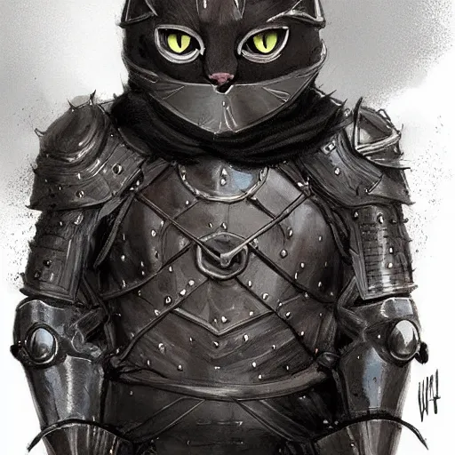 Prompt: cute black cat wearing medieval suit of armor, illustration, concept art, art by wlop, dark, moody, dramatic