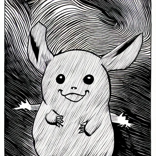 Image similar to junji ito pikachu, horror manga illustration, electric rodent