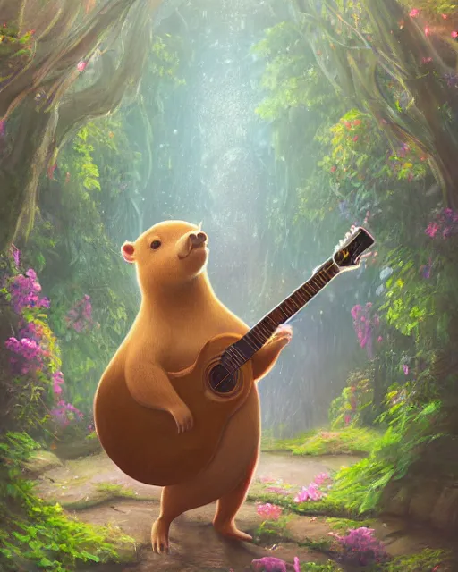 Prompt: Capybara playing Guitar in magical forest, portrait, magical notes, flowers, flower dress, fairy atmosphere, magic the gathering artwork, D&D, fantasy, cinematic lighting, centered, symmetrical, highly detailed, digital painting, artstation, concept art, smooth, sharp focus, illustration, volumetric lighting, epic Composition, 8k, art by Akihiko Yoshida and Greg Rutkowski and Craig Mullins, oil painting, cgsociety