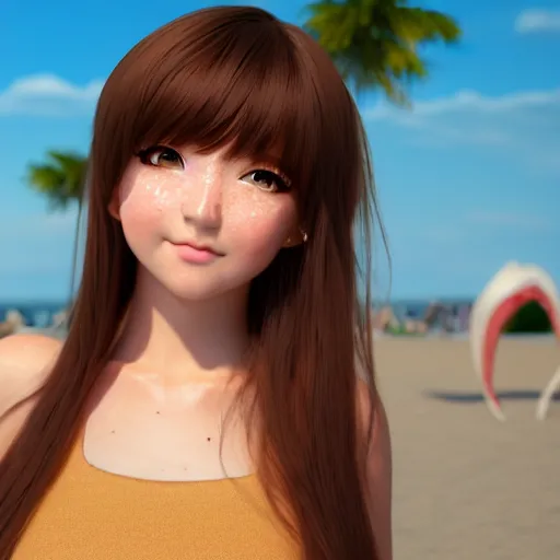 Image similar to Render of a very beautiful 3d anime girl, long hair, hazel eyes, cute freckles, full round face, short smile, cute sundress, golden hour, serene beach setting, medium shot, mid-shot, highly detailed, trending on Artstation, Unreal Engine 4k