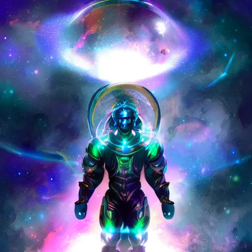 Image similar to photorealistic fantasy cosmic concept art of a cosmic god with armor made out of planets and dark matter, hovering in a unknown galaxy, fully body portrait, cinematic, dynamic lighting, ultra detailed, creative, trending on art station, creative