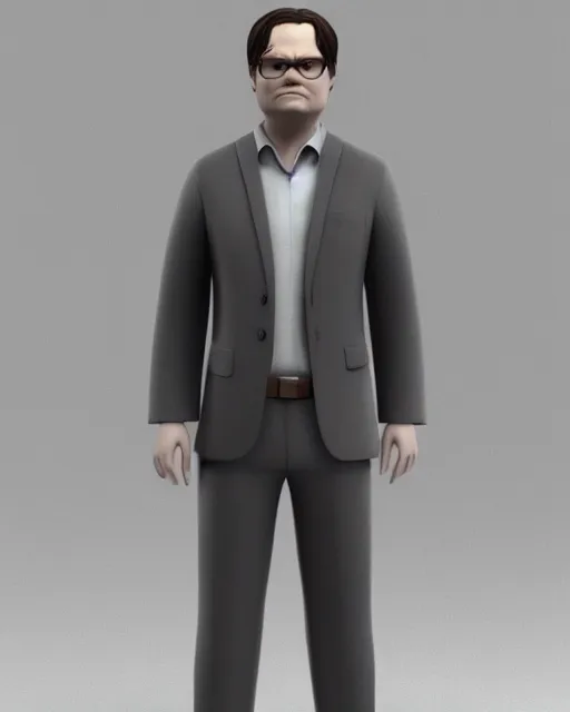 Prompt: full body 3d render of Dwight Schrute, studio lighting, white background, blender, trending on artstation, 8k, highly detailed