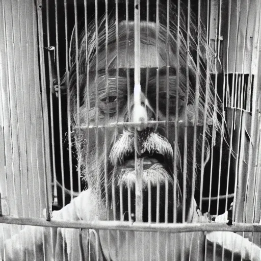 Prompt: laughing robert wyatt sitting in his wheelchair behind bars at a prison, photograph, 4 k