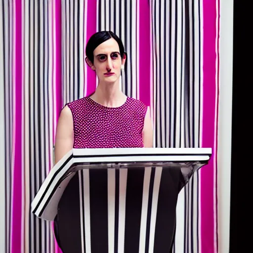 Prompt: design curator beatrice galilee wearing a striped top presenting at a lectern in front of pink curtains, 8 k photorealistic