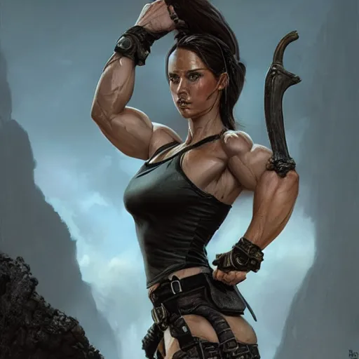 Image similar to lara croft as a female bodybuilder goth girl, fantasy, intricate, elegant, highly detailed, digital painting, artstation, concept art, matte, sharp focus, illustration, art by aenaluck and roberto ferri and greg rutkowski, epic fantasy, digital painting