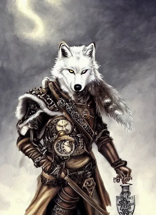 Image similar to steampunk white wolf with claymore, fantasy, art station, dramatic, concept art, portrait