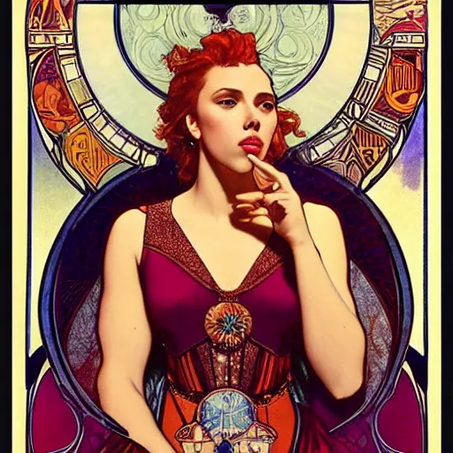 Image similar to scarlett johansson portrait by louis - theophile hingre and alphonse mucha, realistic, sharp focus, zodiac signs, tarot cards, planets, ethereal, art nouveau, magic, moon, sun, crown, dreamy, royal, jewellery