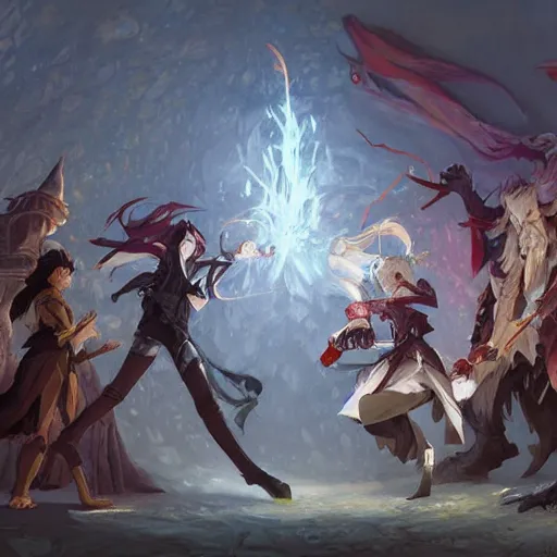 Image similar to dungeons and dragons fantasy painting, chaos and conflict, finger pointing and angry gestures, allies who long spoke in one voice now squabble over petty differences leaders in different styles of dress gesturing angrily across a council table, anime inspired by krenz cushart, evening lighting, by brian froud jessica rossier and greg rutkowski