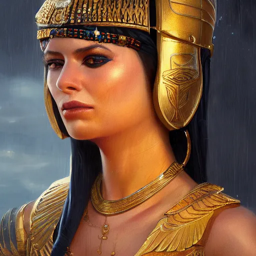 Image similar to closeup portrait of a young mia kunis as cleopatra, palace background, dramatic light, gorgeous view, depth, high detail, digital art, painted by greg rutkowski, trending on artstation