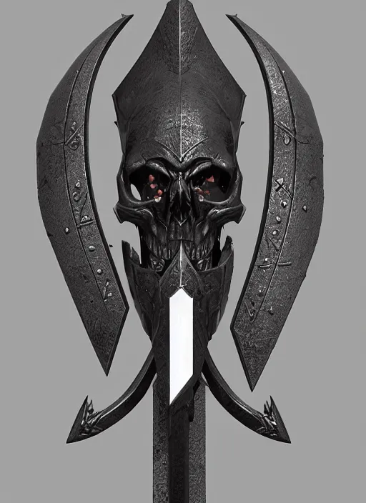 Prompt: a black great sword skull crest, orthographic, ornament, weapon, a 3 d render by dom qwek, front side full, trending on polycount, artstation, hard surface modeling, rendered in maya, zbrush, blender, hd, vray, berserk, symmetry