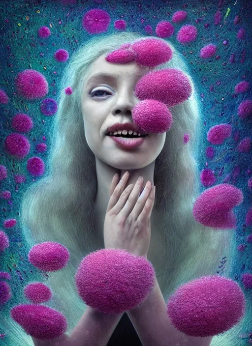Prompt: hyper detailed emotional 3d render like a Oil painting - Aurora (Singer) looking adorable and seen joyfully Eating of the Strangling network of muted yellowcake aerochrome cracks and milky Fruit and Her delicate Hands hold of gossamer polyp blossoms bring iridescent fungal flowers whose spores black the foolish stars to her adorable smirking mouth by Jacek Yerka, Mariusz Lewandowski, Houdini algorithmic generative render, Abstract brush strokes, Masterpiece, Edward Hopper and James Gilleard, Zdzislaw Beksinski, Mark Ryden, Wolfgang Lettl, hints of Yayoi Kasuma, octane render, 8k