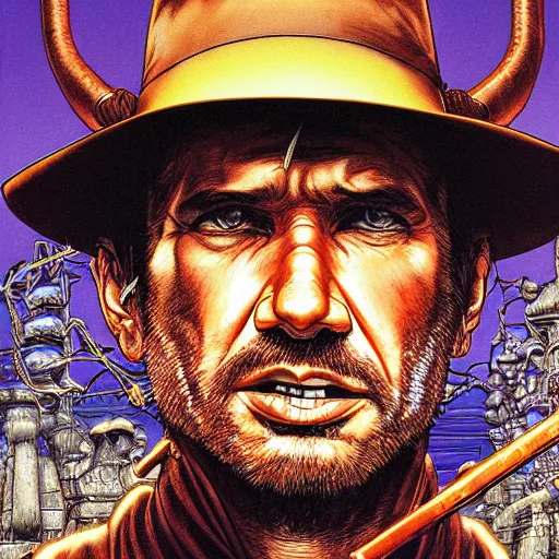 Image similar to portrait closeup of crazy indiana jones, symmetrical, by yoichi hatakenaka, masamune shirow, josan gonzales and dan mumford, ayami kojima, takato yamamoto, barclay shaw, karol bak, yukito kishiro