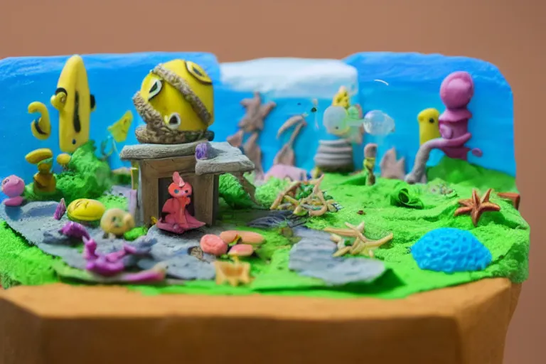 Image similar to miniatures photography of bikini bottom ( spongebob location ), everything has a plasticine sheen