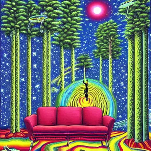 Prompt: psychedelic trippy couch spruce forest, planets, milky way, sofa, cartoon by rob gonsalves