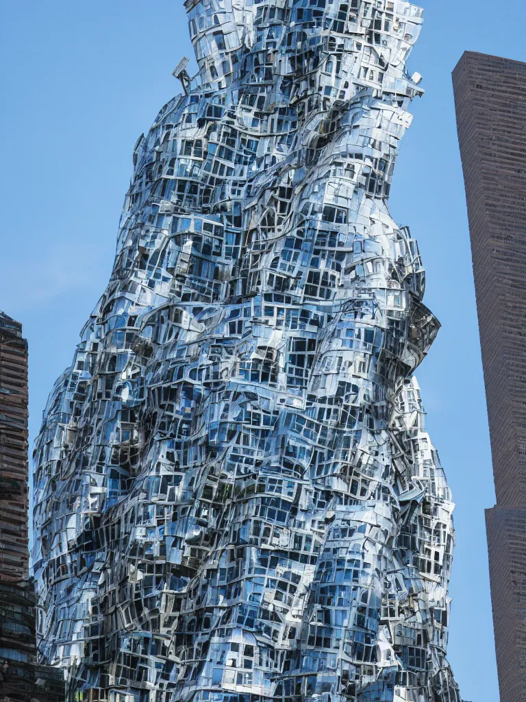 Prompt: a skyscraper designee by frank gehry, on the other side of a river