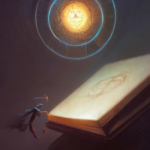Image similar to concept illustration of an ancient glowing magic spell book suspended in mid-air. glowing light, intricate, elegant, digital painting, concept art, smooth, sharp focus, illustration, from Metal Gear, by Ruan Jia and Mandy Jurgens and Artgerm and William-Adolphe Bouguereau