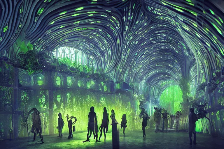 Image similar to futuristic foliage overgrowing detailed favela bioluminescence bunker hive, art nouveau environment, cathedral, award winning art, epic dreamlike fantasy landscape, ultra realistic,