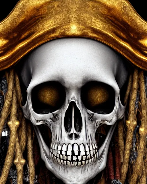 Image similar to realistic portrait of a pirate of bones, dark, gold, silver ornaments, facing camera, photo realistic, detailed, 1 4 5 0, delicate, hyper realism, ultra realistic, 8 k