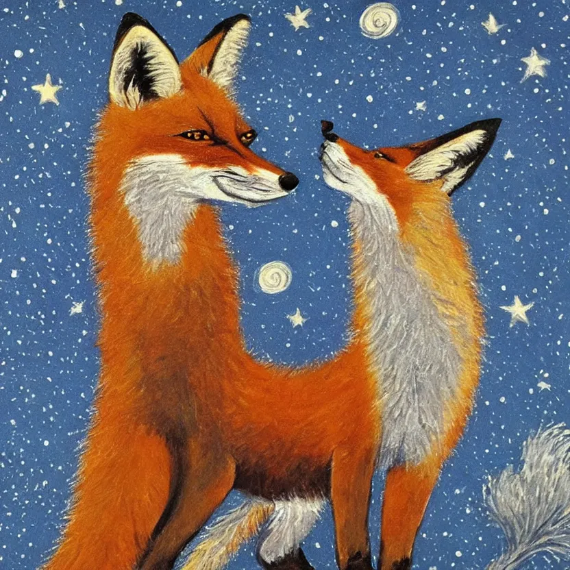 Prompt: a painting of a fox looking up at the stars in the style of Starry Night, highly detailed,