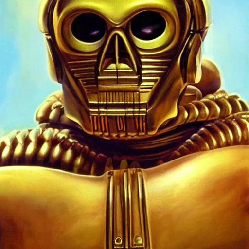 Image similar to ultra realistic portrait painting of skeletor as c 3 po, art by frank frazetta, 4 k, ultra realistic, highly detailed, epic lighting