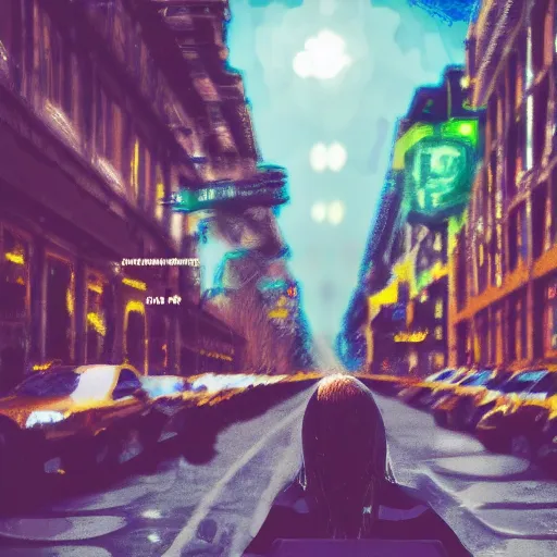 Image similar to people sitting in rows of school desks in the middle of a city street, first person view from back row, dreamy atmosphere, high quality digital art