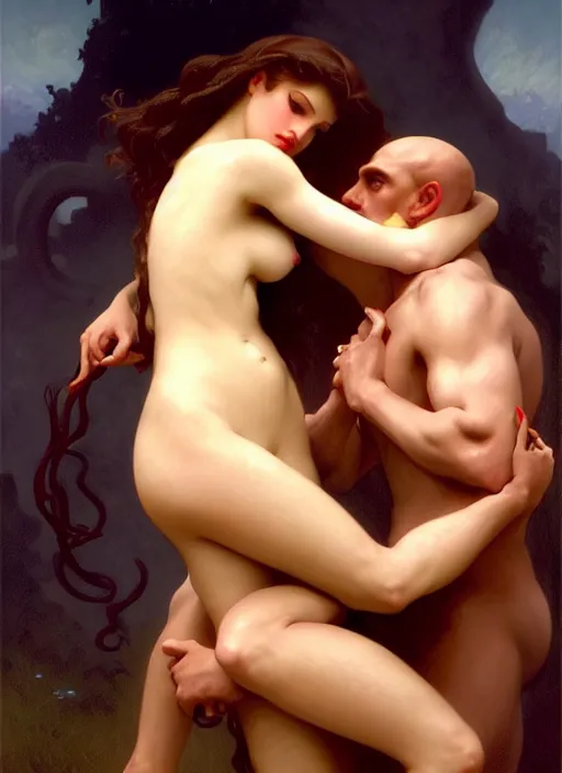Image similar to mills and boon romance novel cover with cthulhu!! and eva mendes, they are in love, by william - adolphe bouguereau, john singer sargent, digital painting, artstation, concept art, smooth, sharp focus, warm lighting,