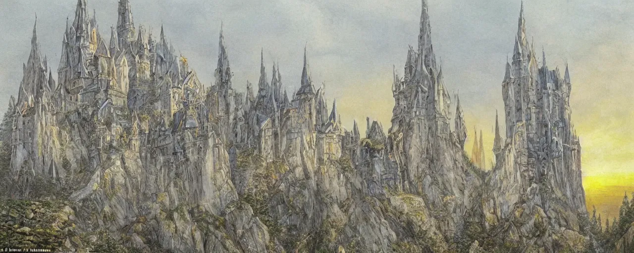 Prompt: white monastery with large tower upon sheer lime cliffs, a ray of sun illuminating, drawn with crayons, high fantasy, extremely detailed