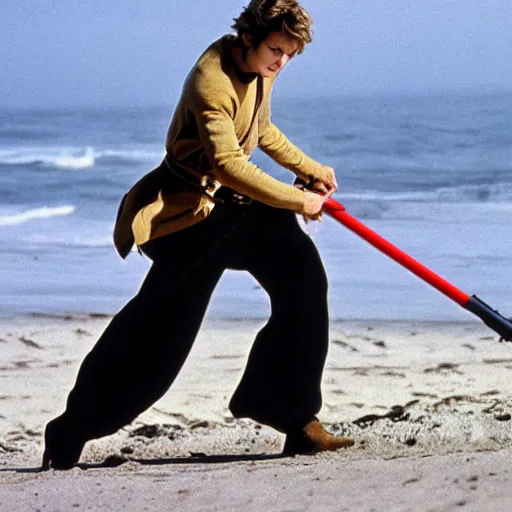 Image similar to Hayden Christensen as Anakin Skywalker Vacuuming the beach for sand, photo,