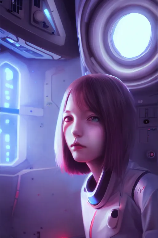 Image similar to a young, slender girl, girl in spaceship, engineering bay, photo realistic, dynamic lighting, artstation, poster, volumetric lighting, 4 k, award winning, a detailed painting by ross tran hyperdetalized, anime | 2 d game art | official art, smooth, cyberpunk, tech