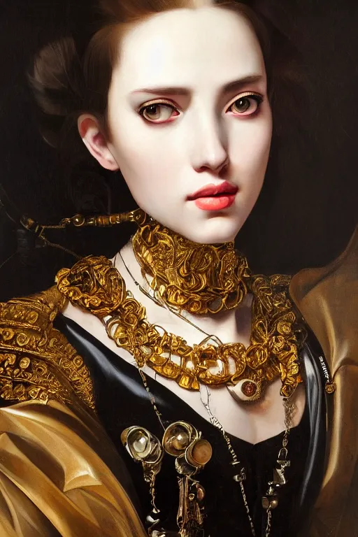 Image similar to dark portrait, headshot, digital painting, of a 17th century, beautiful cyborg girl merchant, dark hair, amber jewels, baroque, ornate clothing, scifi, futuristic, realistic, hyperdetailed, chiaroscuro, concept art, art by caravaggio