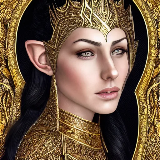 Image similar to side portrait of elven royalty, princess, queen, fantasy, head tilted down, black hair, gold armour, gold jewelry, white skin, detailed face, trending on artstation, gsociety, D&D, elegant, highly detailed, hyperrealistic, realistic eyes, detailed illustration, smooth, sharp focus, upper body, intricate, rule of thirds, holy glow, backlit, hd 4k by Greg Rutkowski, Alphonse Mucha, Ayami Kojima, Charlie Bowater, Kentaro Miura, Karol Bak