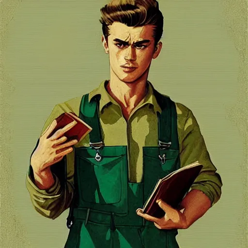 Prompt: a highly detailed epic cinematic concept art CG render digital painting artwork costume design: young James Dean as a well-kept neat mechanic in 1950s USSR green dungarees and big boots, reading a book. By Greg Rutkowski, Ilya Kuvshinov, WLOP, Stanley Artgerm Lau, Ruan Jia and Fenghua Zhong, trending on ArtStation, subtle muted cinematic colors, made in Maya, Blender and Photoshop, octane render, excellent composition, cinematic atmosphere, dynamic dramatic cinematic lighting, aesthetic, very inspirational, arthouse