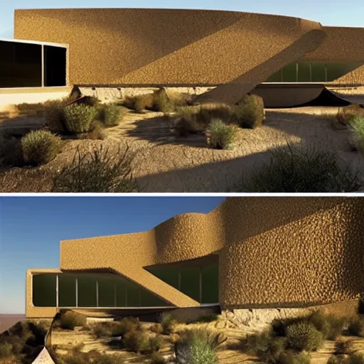 Image similar to biophilic conceptual hotel in the desert, high detaild, realistic, golden ratio