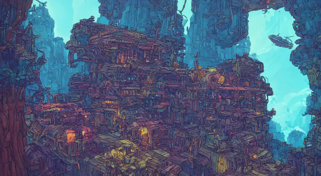 Image similar to open door wood wall fortress airship greeble block amazon jungle on portal unknow world ambiant fornite colorful that looks like it is from borderlands and by feng zhu and loish and laurie greasley, victo ngai, andreas rocha, john harris